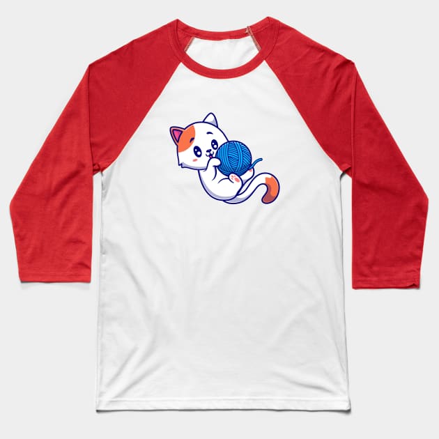 Cute Cat Playing Yarn Ball Cartoon Baseball T-Shirt by Catalyst Labs